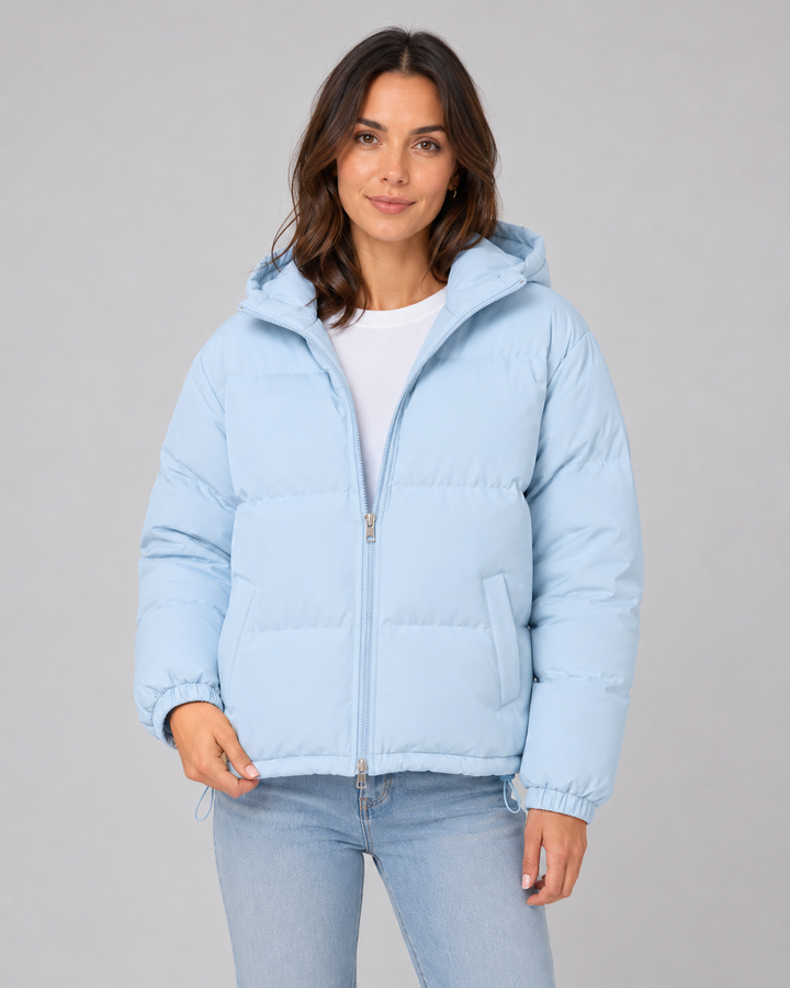 Winterjacke mit Kapuze Damen Petra Himmelblau – Weiss Modehaus