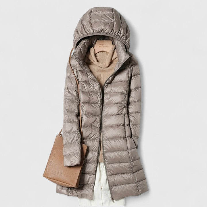Leichter Langer Daunenmantel mit Kapuze Damen Emma Khaki – Weiss Modehaus