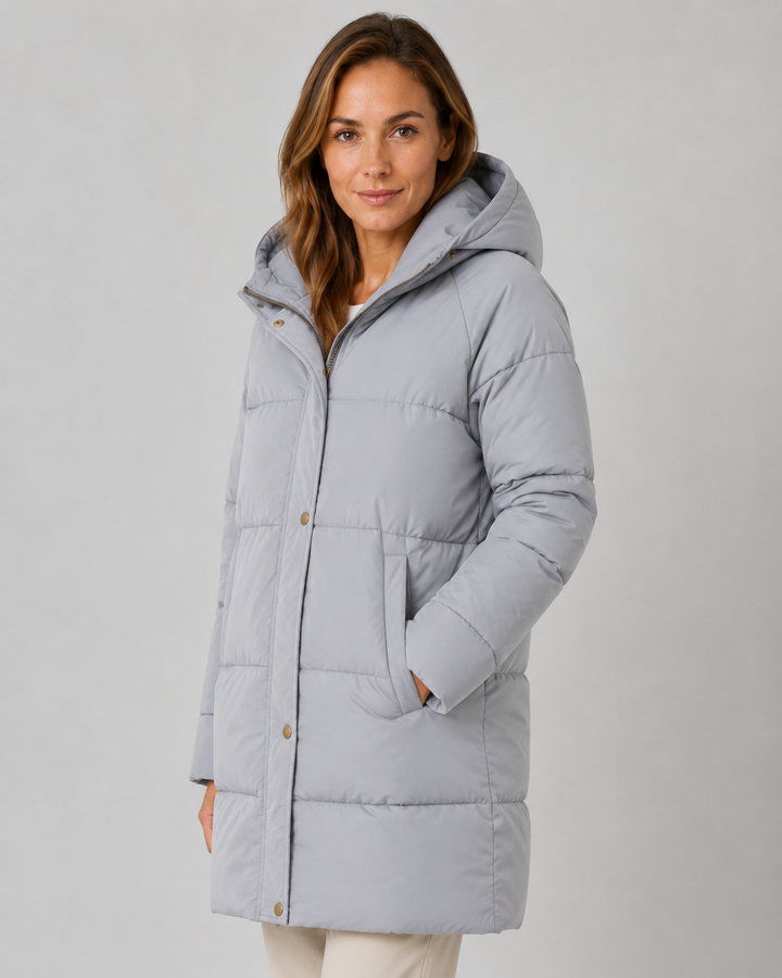 Langer Daunenmantel mit Kapuze Damen Alessandra Grau – Weiss Modehaus