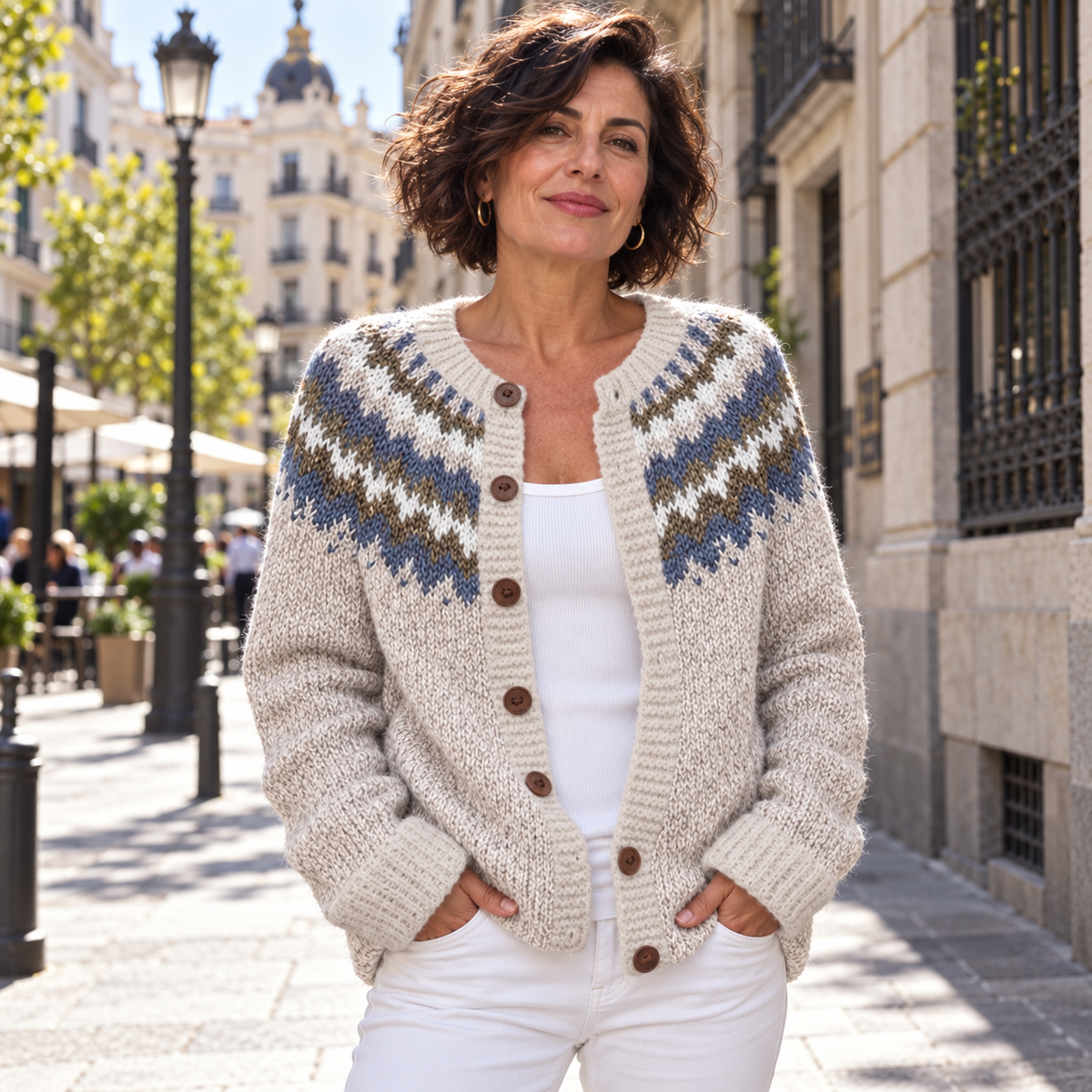 Isländische Strickjacke in Natur mit blauem Muster Damen Lidia – Weiss Modehaus