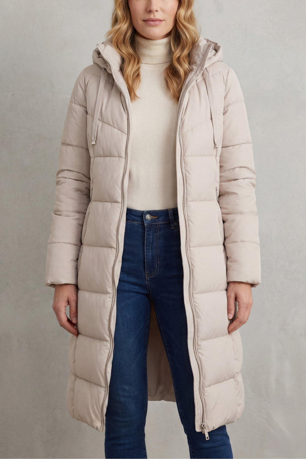 Langer Daunenmantel mit Reißverschluss Damen Chiara Elfenbein – Weiss Modehaus