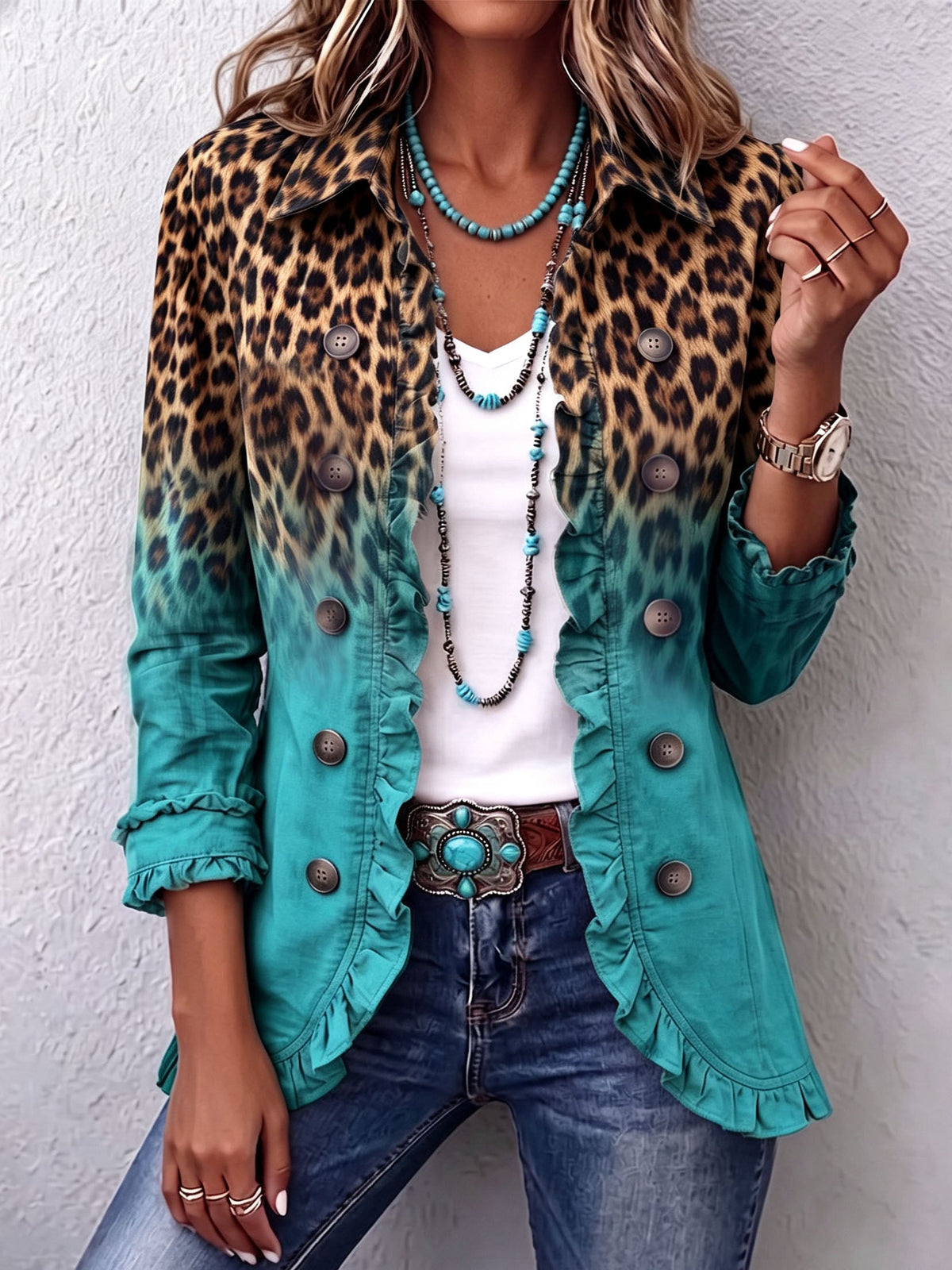 Blazer Leopardenmuster Grün Mercedes Türkis – Weiss Modehaus
