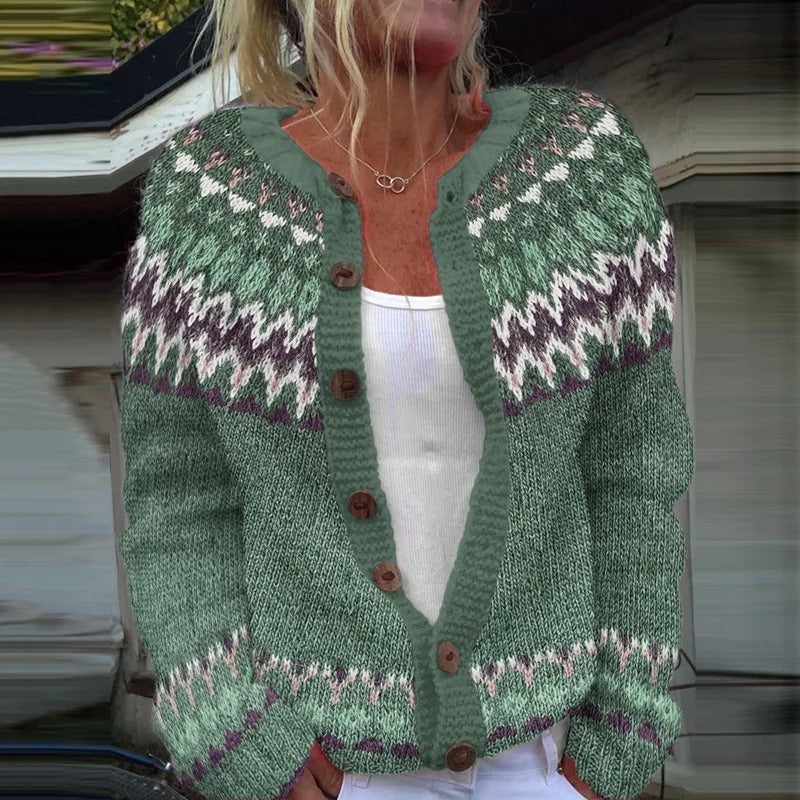 Grüner isländischer Cardigan mit burgunderfarbenen Details Damen Palmira – Bild 2