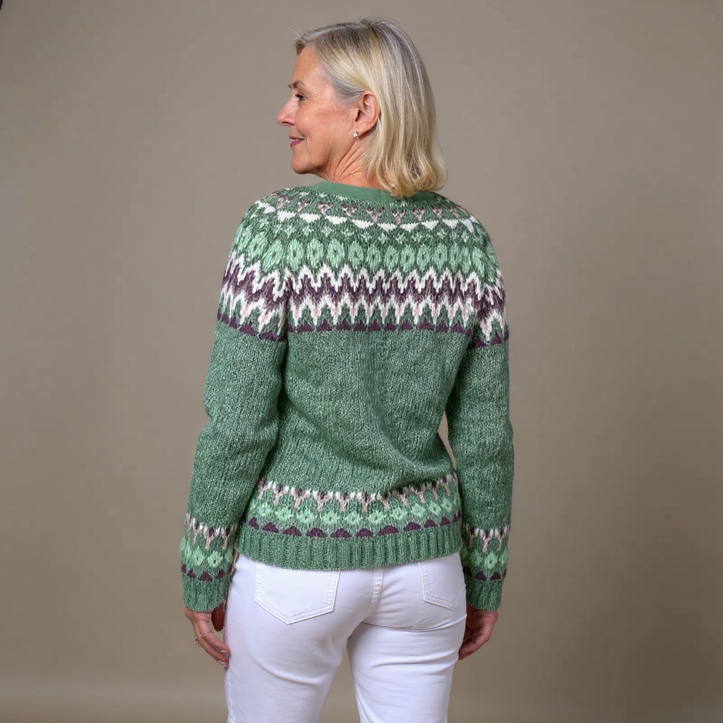 Grüner isländischer Cardigan mit burgunderfarbenen Details Damen Palmira – Bild 3