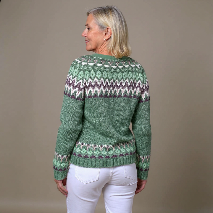 Grüner isländischer Cardigan mit burgunderfarbenen Details Damen Palmira – Bild 3