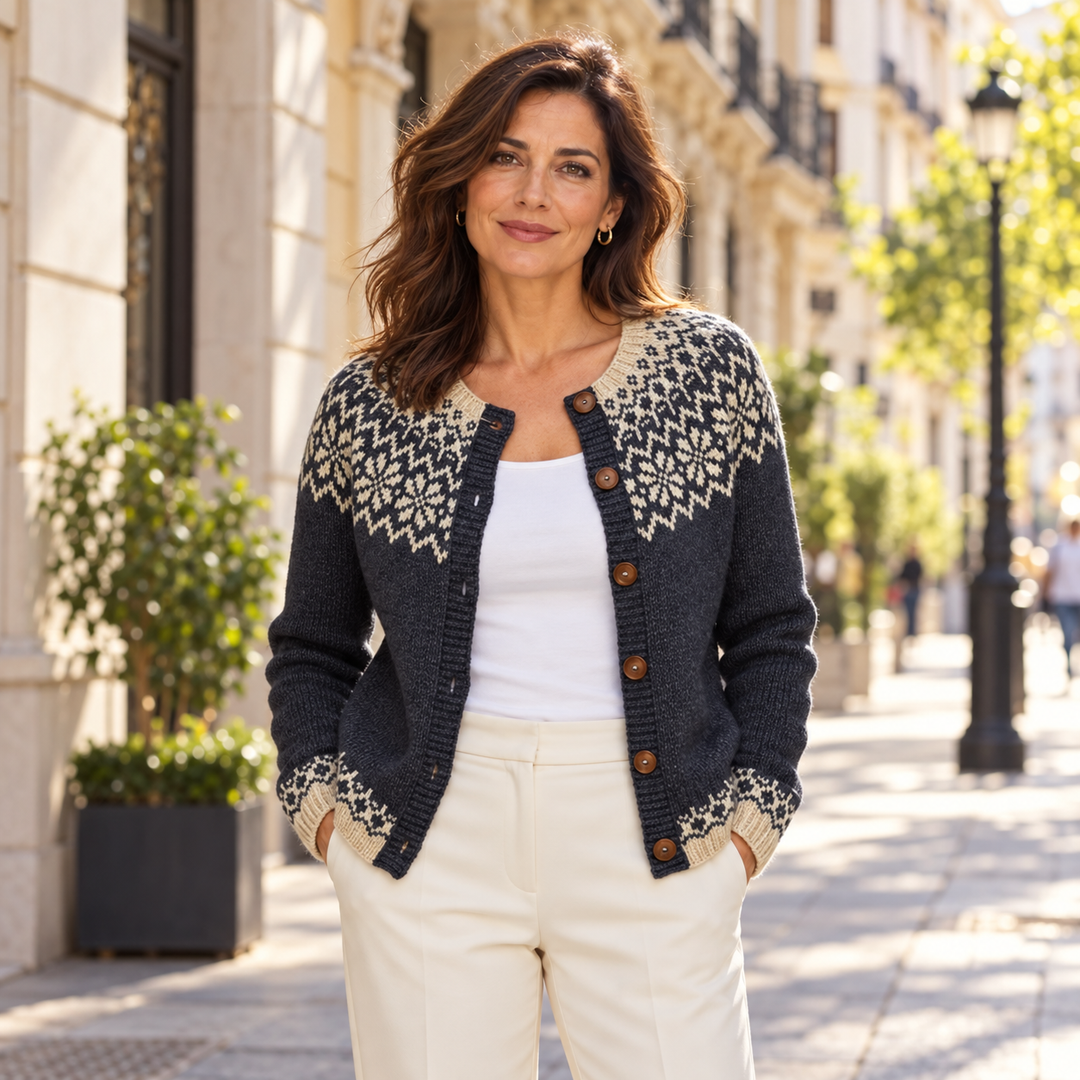 Vintage Strickjacke mit floralem Einsatz Damen Perla – Weiss Modehaus