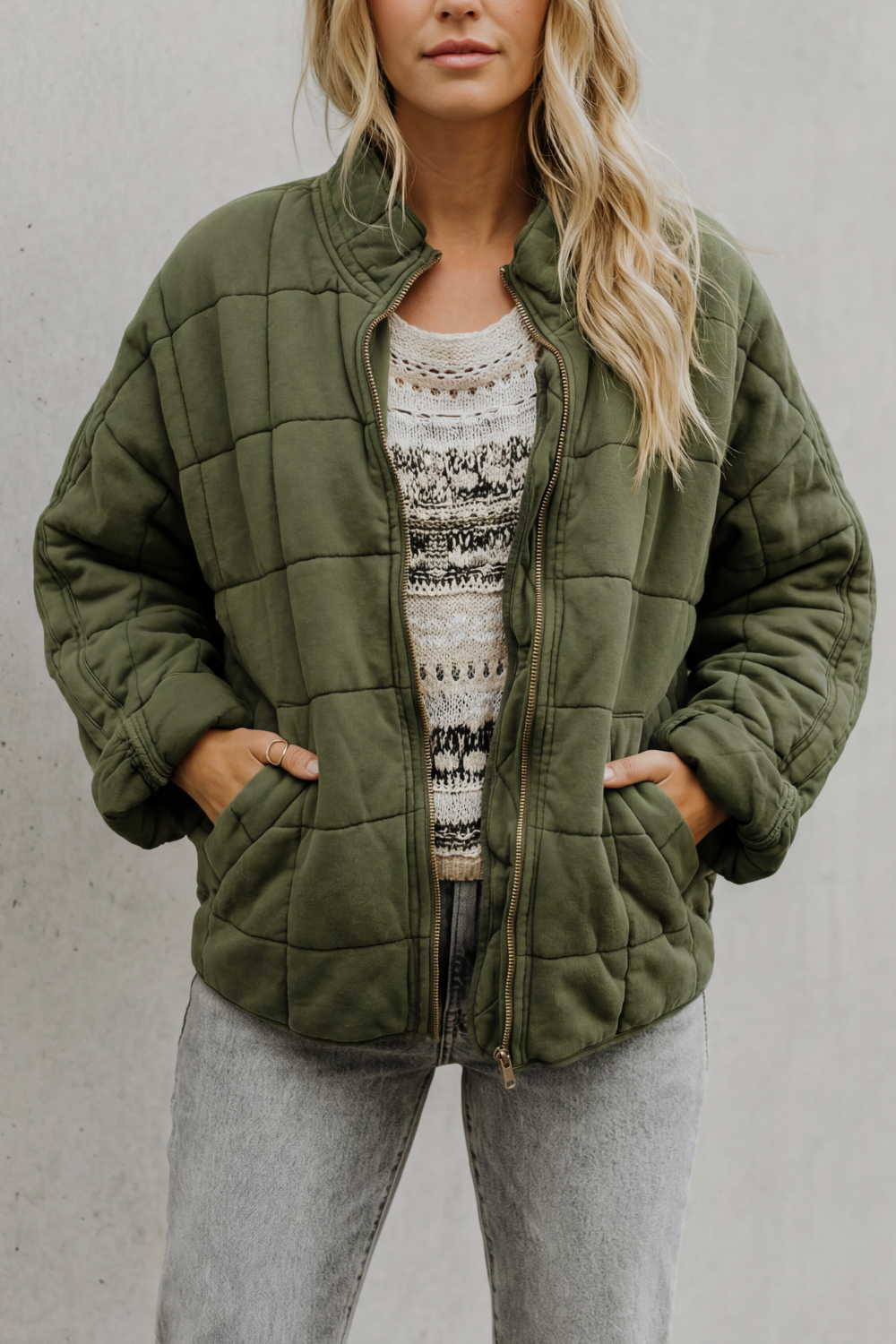 Steppjacke mit Reißverschluss Damen Bruna Dunkelgrün – Weiss Modehaus