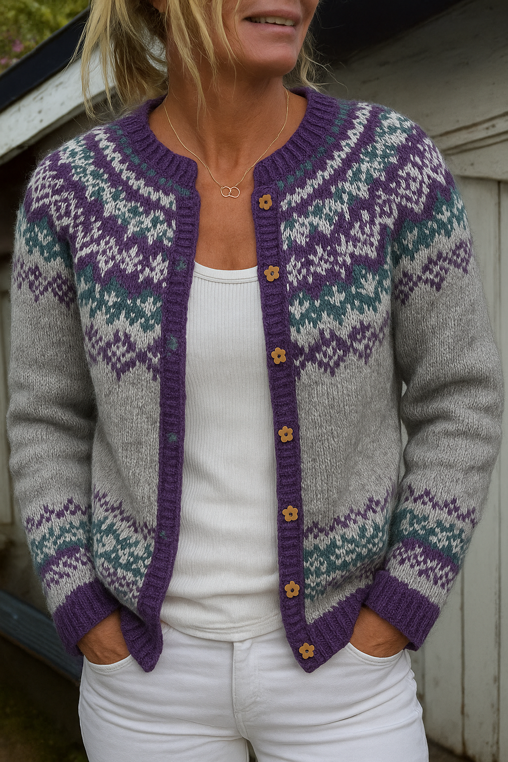 Isländische Strickjacke in Grau, Lila und Grün Damen Rita – Bild 2