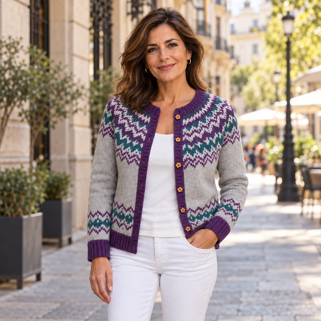 Isländische Strickjacke in Grau, Lila und Grün Damen Rita – Weiss Modehaus