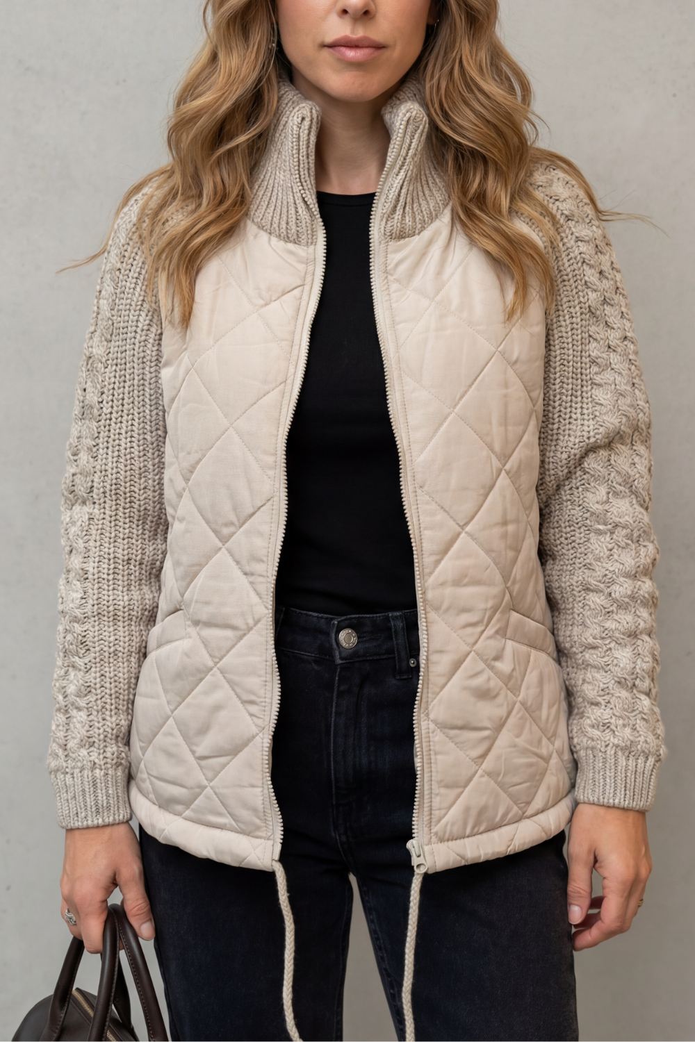Steppjacke mit Strickbündchen Damen Carolina Khaki – Weiss Modehaus