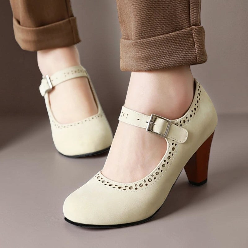 Mary Janes mit verstellbarem Absatz Damen Fleur Beige – Weiss Modehaus