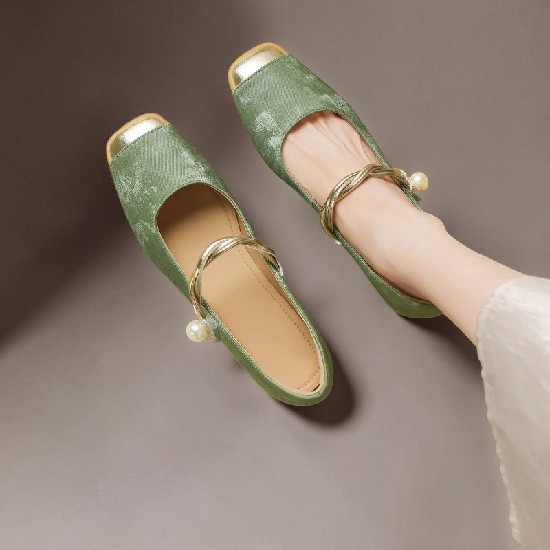 Mary Janes mit eckiger Spitze und Perlen Damen Fenna Grün – Weiss Modehaus