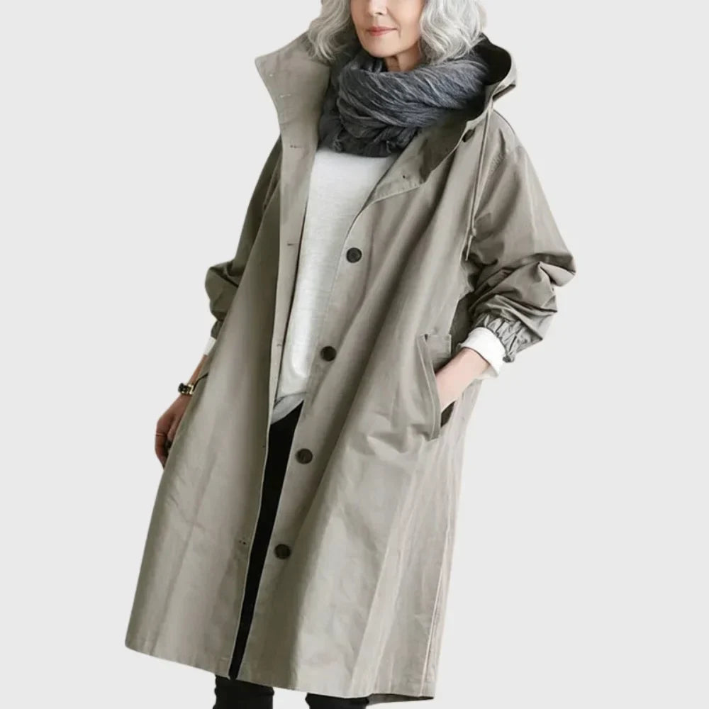 Langer, wasserfester Trenchcoat mit Kapuze Antonella Grau – Weiss Modehaus