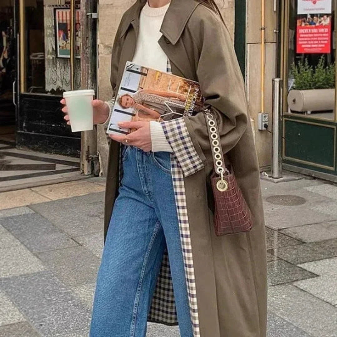 Langer Oversize-Trenchcoat mit Karofutter Dalia Khaki – Weiss Modehaus