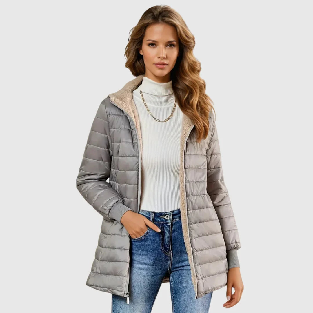 Sherpa gefütterte Daunenjacke mit Kapuze Enrica Grau – Weiss Modehaus